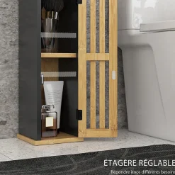 Meuble WC avec support papier toilette - porte, étagère - MDF noir bambou verni