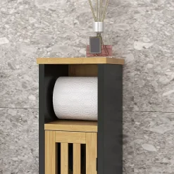 Meuble WC avec support papier toilette - porte, étagère - MDF noir bambou verni