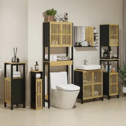 Meuble WC avec support papier toilette - porte, étagère - MDF noir bambou verni