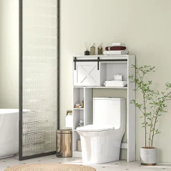 Meuble WC dessus de toilette meuble toilettes - porte coulissante, 6 compartiments - blanc