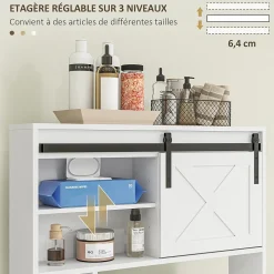 Meuble WC dessus de toilette meuble toilettes - porte coulissante, 6 compartiments - blanc