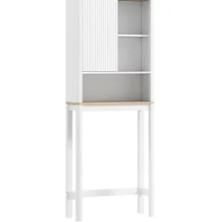 Meuble WC dessus de toilette style bohème - porte coulissante, étagère, niche - effet bois clair blanc