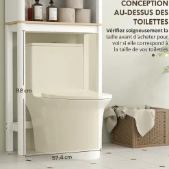 Meuble WC dessus de toilette style bohème - porte coulissante, étagère, niche - effet bois clair blanc