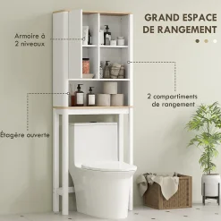 Meuble WC dessus de toilette style bohème - porte coulissante, étagère, niche - effet bois clair blanc