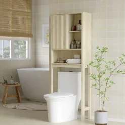 Meuble WC dessus de toilette style bohème - porte coulissante, étagère, niche - effet bois clair