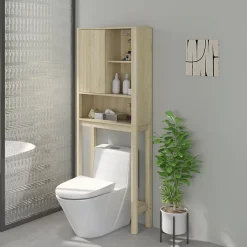 Meuble WC dessus de toilette style bohème - porte coulissante, étagère, niche - effet bois clair