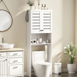 Meuble WC meuble dessus toilettes style classique chic 2 portes étagère niche blanc