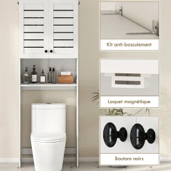 Meuble WC meuble dessus toilettes style classique chic 2 portes étagère niche blanc