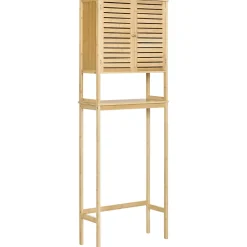 Meuble WC meuble dessus toilettes style cosy dim. 60L x 23l x 173H cm portes à lattes étagère bambou MDF aspect bois clair
