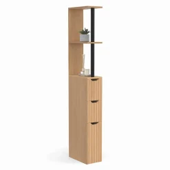 Meuble WC étagère bois JULIETTE 3 portes lattes tasseau bois coloris chêne