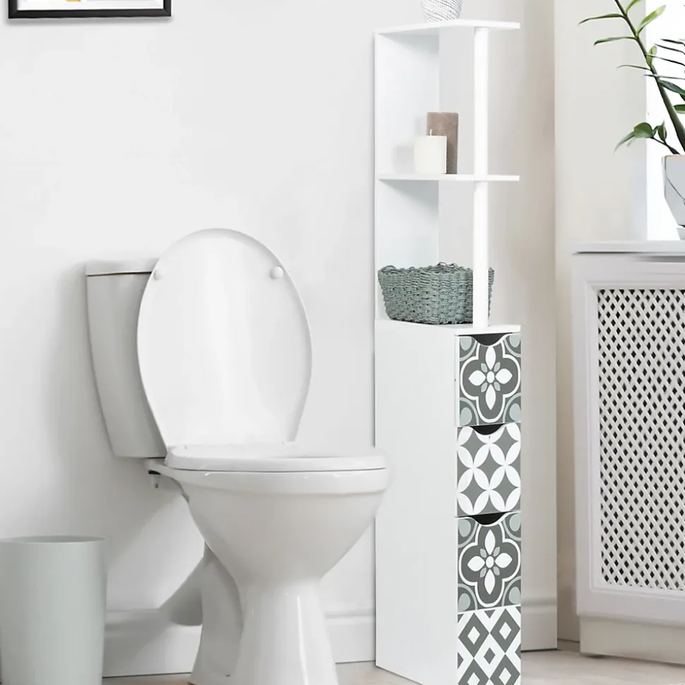 Meuble WC étagère bois WILLY 3 portes blanc et motif carreaux de ciment gris
