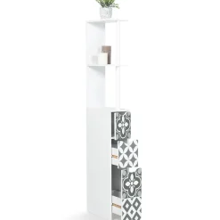 Meuble WC étagère bois WILLY 3 portes blanc et motif carreaux de ciment gris