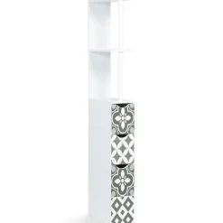 Meuble WC étagère bois WILLY 3 portes blanc et motif carreaux de ciment gris