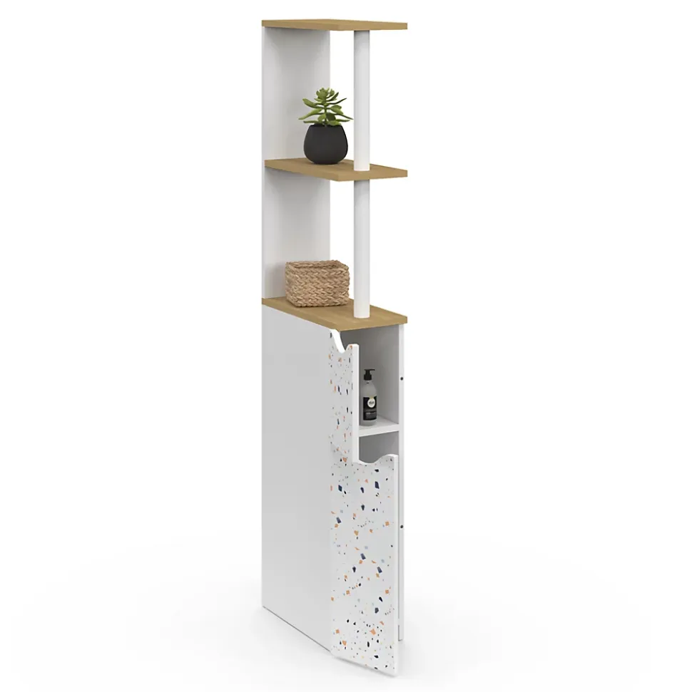 Meuble WC étagère WILLY 2 portes motif terrazzo et hêtre