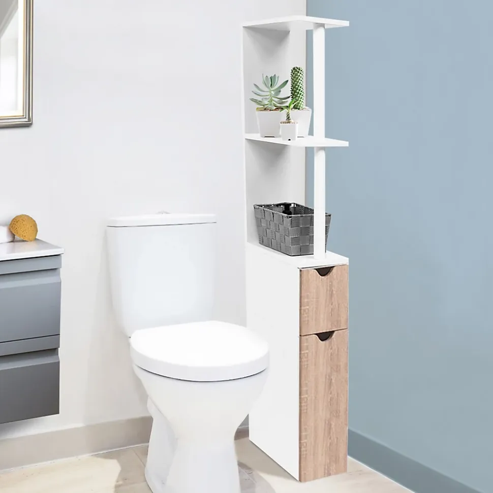 Meuble WC étagère WILLY bois 2 portes blanc et hêtre
