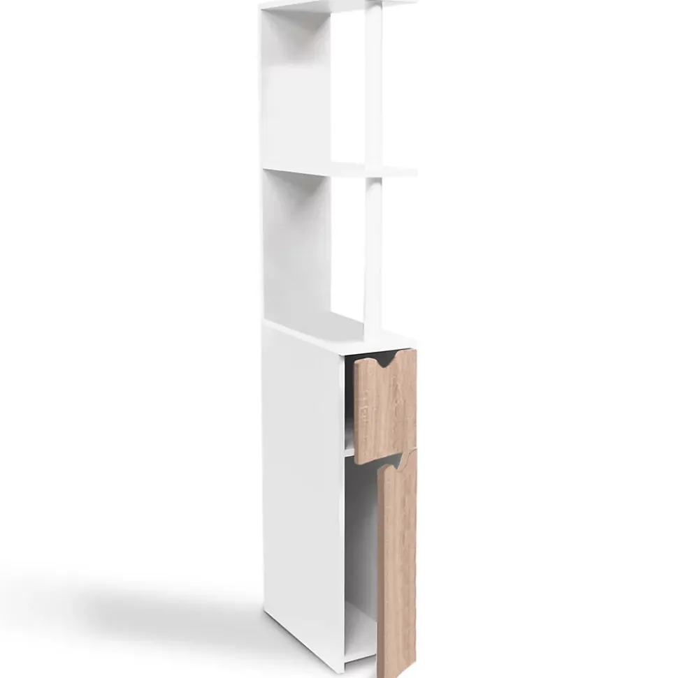 Meuble WC étagère WILLY bois 2 portes blanc et hêtre