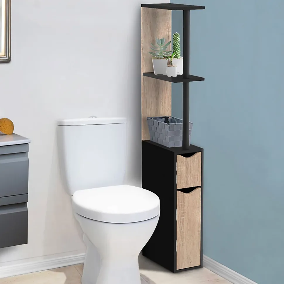 Meuble WC étagère WILLY bois 2 portes noir et hêtre