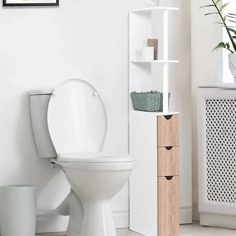Meuble WC étagère WILLY bois 3 portes blanc et hêtre