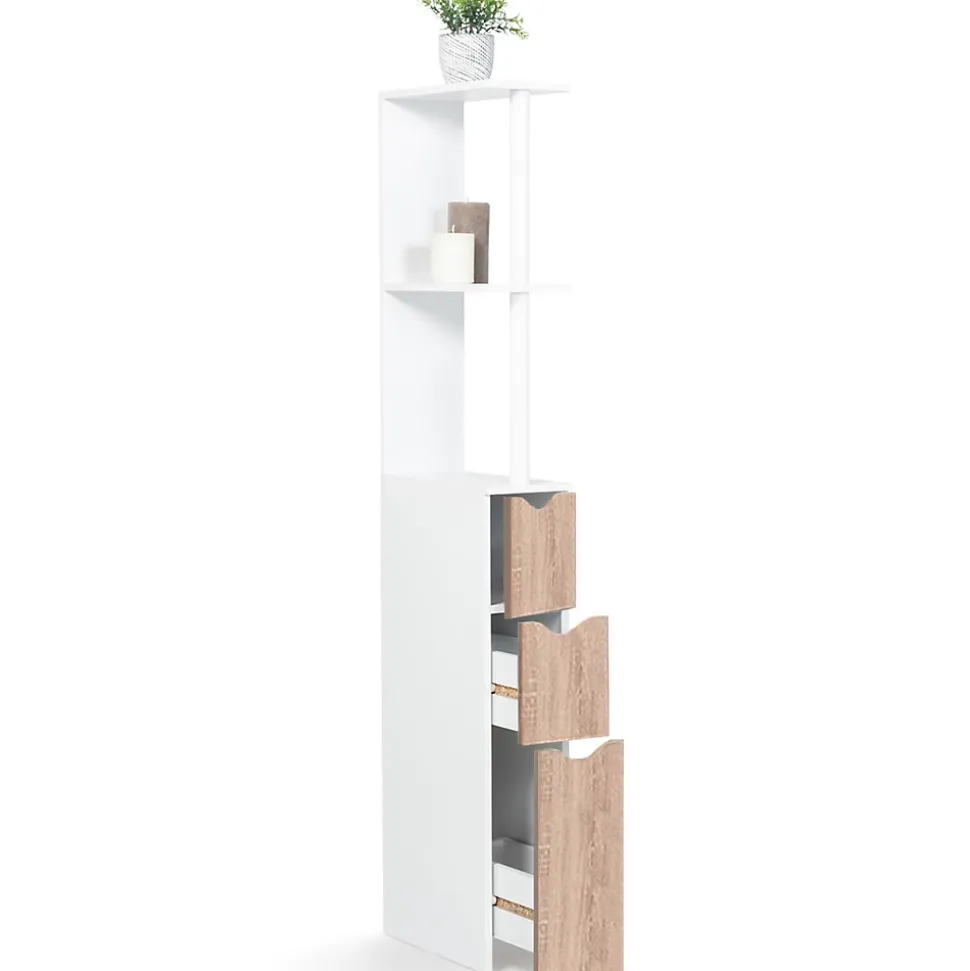 Meuble WC étagère WILLY bois 3 portes blanc et hêtre