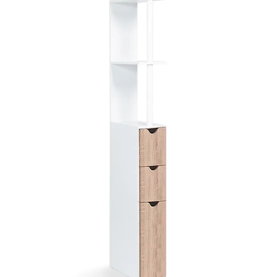 Meuble WC étagère WILLY bois 3 portes blanc et hêtre