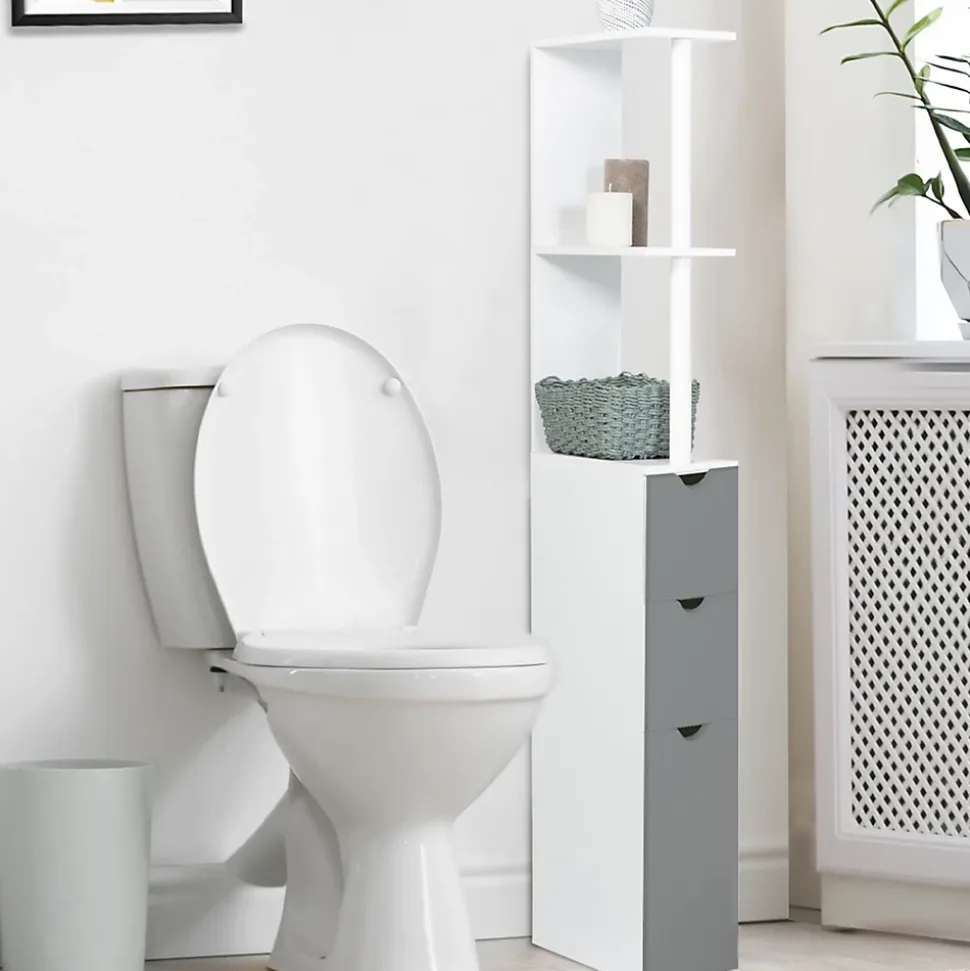 Meuble WC étagère WILLY bois 3 portes blanc et gris