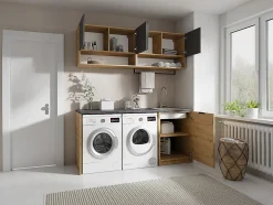 Meubles de buanderie pour machine à laver avec plan de travail - L182 cm - Anthracite et naturel clair - NATAJI