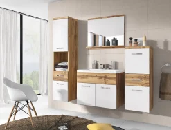 MINIO go for it, Set de meubles de salle de bains 4 pièces ALBECK, avec lavabo, blanc brillant / chêne wotan