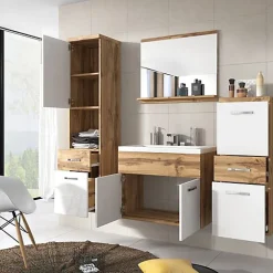 MINIO go for it, Set de meubles de salle de bains 4 pièces ALBECK, avec lavabo, blanc brillant / chêne wotan