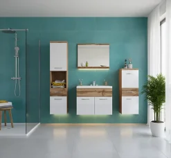 MINIO go for it, Set de meubles de salle de bains 4 pièces ALBECK, avec lavabo, blanc brillant / chêne wotan