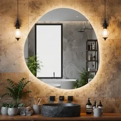 Miroir à bord poli 100x110 cm de forme profilée avec rétroéclairage led périmétrique et interrupteur tactile
