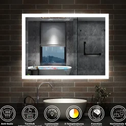 Miroir de salle de bain 80x60cm LED tricolore anti-buée + mémoire + dimmable, AICA SANITAIRE