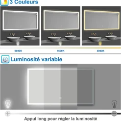Miroir de salle de bain 80x60cm LED tricolore anti-buée + mémoire + dimmable, AICA SANITAIRE