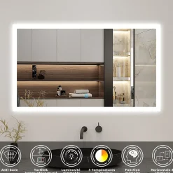 Miroir de salle de bain 80x60cm LED tricolore anti-buée + mémoire + dimmable, AICA SANITAIRE