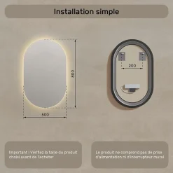 Miroir avec LED Illumination Salle de Bain (50x80cm) LED Lumineux Miroir avec Éclairage (TST106) Blanc Chaud 3000K