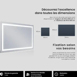 Miroir avec LED Illumination Salle de Bain - Bella, 70x70 cm, Miroir Mural Avec Éclairage, Blanc Froid 7000K