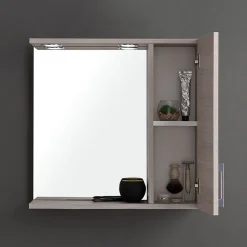 Miroir Avec Unité Murale Droite En Chêne Gris Effet Bois Et Spot Led 58Cm