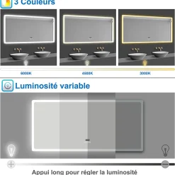 Miroir Bluetooth 100x60 cm, tricolore + horloge + mémoire + dimmable + anti-buée, miroir LED étanche IP44, AICA SANITAIRE