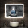 Miroir Bluetooth 80x60 cm, tricolore + horloge + mémoire + dimmable + anti-buée, miroir LED étanche IP44, AICA SANITAIRE