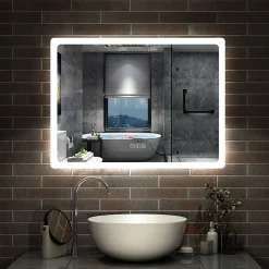 Miroir Bluetooth 70x50 cm, tricolore + horloge + mémoire + dimmable + anti-buée, miroir LED étanche IP44, AICA SANITAIRE