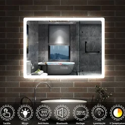 Miroir Bluetooth 70x50 cm, tricolore + horloge + mémoire + dimmable + anti-buée, miroir LED étanche IP44, AICA SANITAIRE