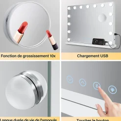 Miroir de Maquillage Éclairage LED Sirhona 80x60x10 cm + Bluetooth + Loupe 10X + Port USB + Température à Tricolore