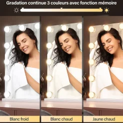 Miroir de Maquillage Éclairage LED Sirhona 80x60x10 cm + Bluetooth + Loupe 10X + Port USB + Température à Tricolore