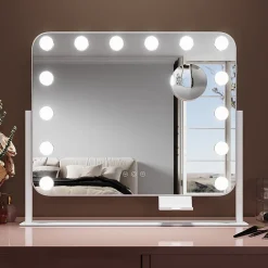 Miroir de Maquillage Éclairage LED Sirhona 50x47x9cm cm + Support de Téléphone + Loupe 10x + Port USB + Température Tricolore