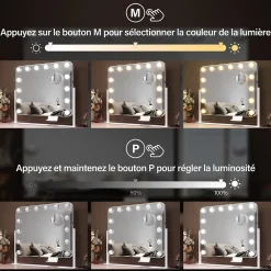 Miroir de Maquillage Éclairage LED Sirhona 50x47x9cm cm + Support de Téléphone + Loupe 10x + Port USB + Température Tricolore