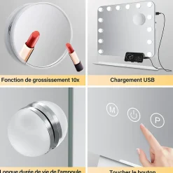 Miroir de Maquillage Éclairage LED Sirhona 50x47x9cm cm + Support de Téléphone + Loupe 10x + Port USB + Température Tricolore