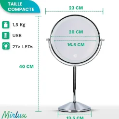 Miroir De Maquillage Lumineux LED Rechargeable Chrome, grossissement 1-10x
