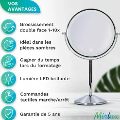 Miroir De Maquillage Lumineux LED Rechargeable Chrome, grossissement 1-10x
