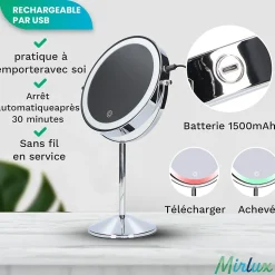 Miroir De Maquillage Lumineux LED Rechargeable Chrome, grossissement 1-10x