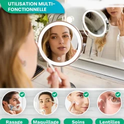Miroir De Maquillage Lumineux LED Rechargeable Chrome, grossissement 1-10x
