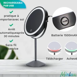 Miroir De Maquillage Lumineux LED Rechargeable Noir, Grossissement 1-10x